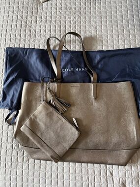 Cole Haan Taupe Pebbled Leather Tote with Matching Pouch